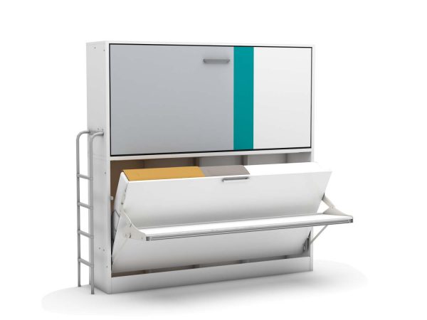 opklapbed smart bunk met bureau gedeeltelijk open turquoise