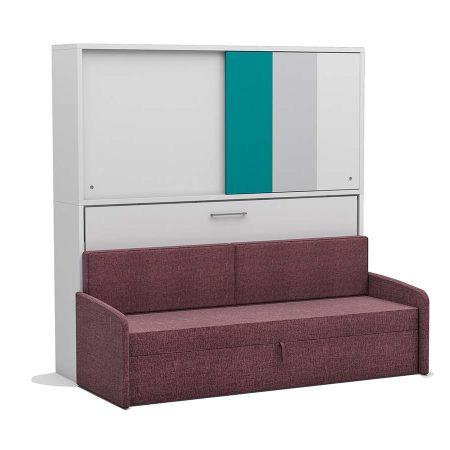 Eenpersoons opklapbed Academy - Turquoise - met  roze bank